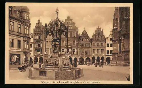 AK Münster i. W., Lambertikirchplatz und neuer Brunnen