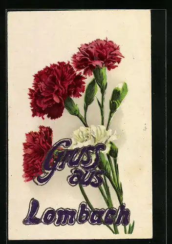 AK Lombach, schön blühende Nelken, Schrift in lila mit Glitzer