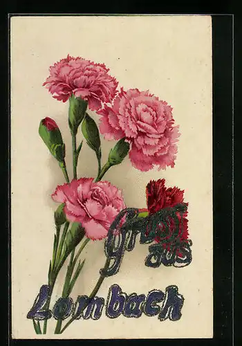 AK Lombach, schön blühende Nelken, Schrift in blau mit Glitzer
