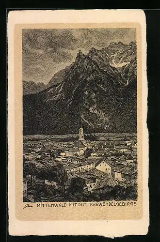 AK Mittenwald, Gesamtansicht mit dem Karwendelgebirge