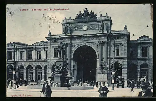 AK Zürich, Bahnhof und Escherdenkmal