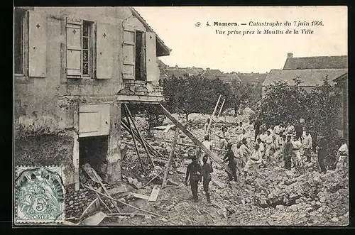 AK Mamers, Catastrophe 1904, vue prise pres le Moulin de la Ville, Hochwasser