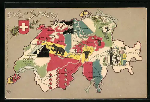 Lithographie Schweiz, Landkarte mit Kantonen und Hauptstädten, Länderwappen