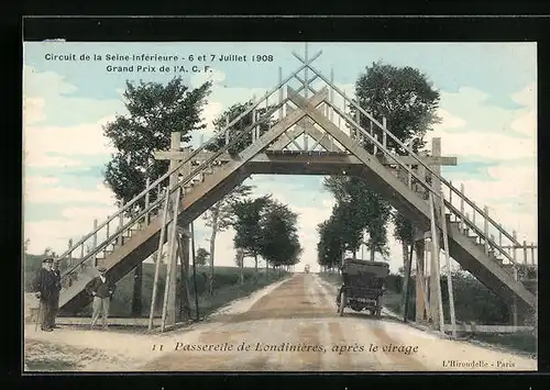 AK Landinières, Circuit de la Seine-Inférieure 1908, Passerelle, après le virage