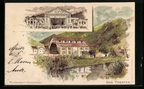 Lithographie Oberammergau, Blick zum Passionsspieltheater