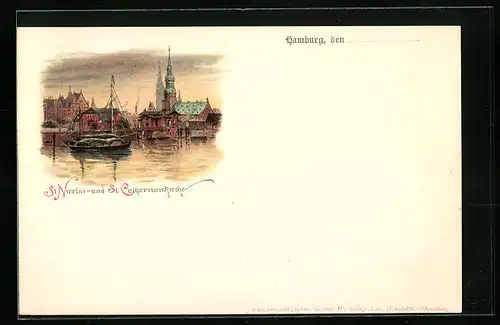 Lithographie Hamburg, St. Nicolai- und St. Catharinenkirche