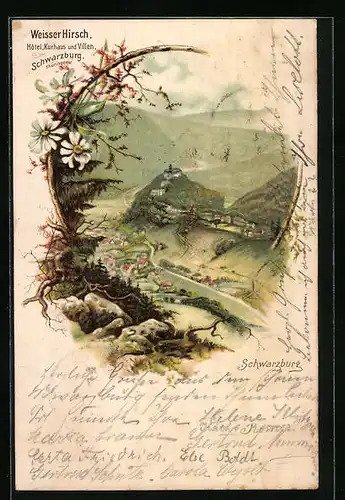 Lithographie Schwarzburg / Thüringen, Hotel Weisser Hirsch