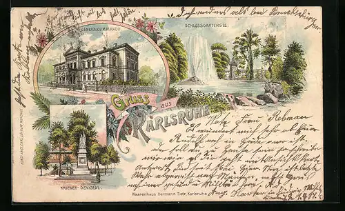 Lithographie Karlsruhe, Generalkommando, Schlossgartensee, Krieger-Denkmal