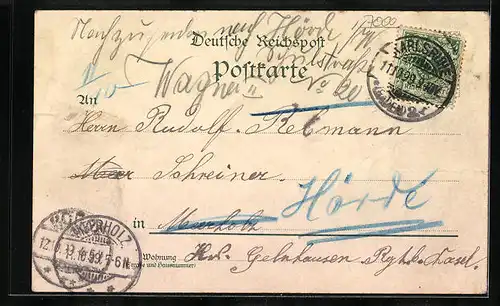 Lithographie Karlsruhe, Generalkommando, Schlossgartensee, Krieger-Denkmal