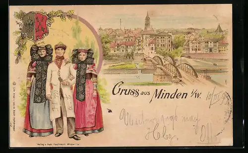 Lithographie Minden i. W., Uferpartie mit Brücke, Mann und zwei Frauen in Tracht