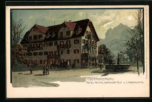 Künstler-AK Oberammergau, Hotel Wittelsbacher Hof und Laberköpfe bei Mondschein