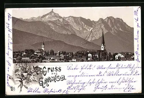 Lithographie Garmisch, Teilansicht mit Kirche