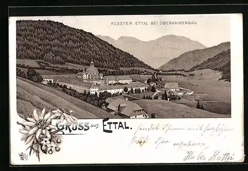 Lithographie Oberammergau, Kloster Ettal