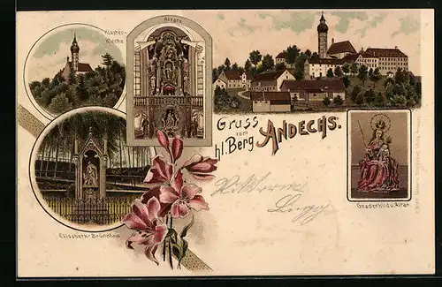 Lithographie Andechs, Klosterkirche am heiligen Berg, Altare, Elisabeth-Brünnlein
