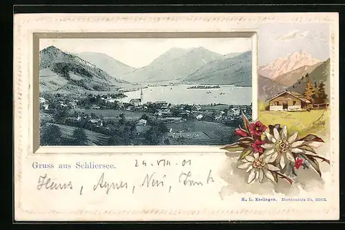 Passepartout-Lithographie Schliersee, Teilansicht mit Kirche