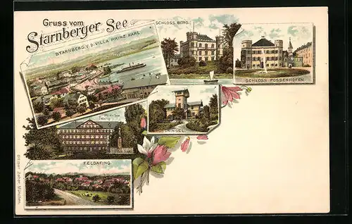 Lithographie Tutzing, Hotel am See, Starnberg v. d. Villa Prinz Karl u. Starnberger See, Roseninsel