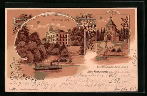 Lithographie Leoni-Rottmannshöhe /Starnberger See, Kgl. Schloss Berg mit Dampfer, Gedächtniskapelle f. König Ludwig II.