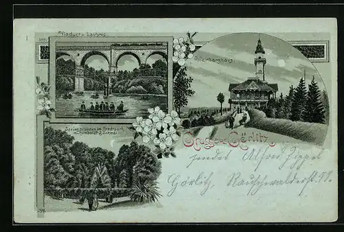 Mondschein-Lithographie Görlitz, Weinberghaus, Springbrunnen im Stadtpark m. Humboldt-Denkmal, Viaduct u. Laufsteg
