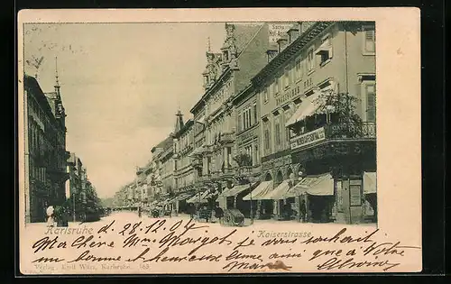 AK Karlsruhe, Kaiserstrasse mit Geschäft