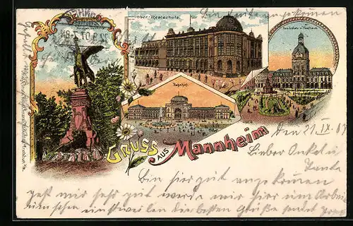 Lithographie Mannheim, Ober-Realschule, Bahnhof, Krieger-Denkmal