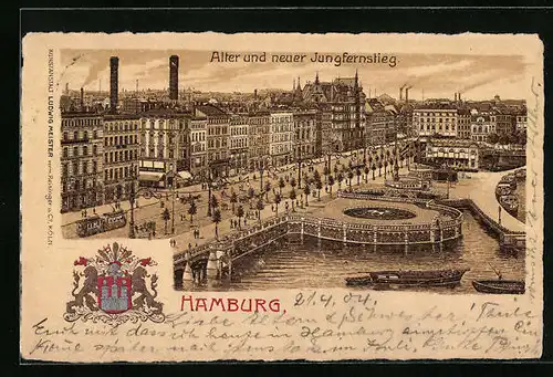 Lithographie Hamburg-Neustadt, Alter und neuer Jungfernstieg mit Strassenbahn