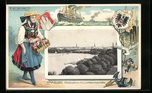Passepartout-Lithographie Hamburg-Neustadt, Alsterpartie mit Lombardsbrücke, Vierländerin in Nationaltracht, Wappen