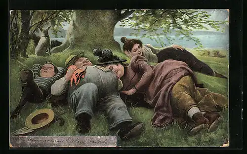 Künstler-AK Dicker Mann liegt mit seiner Familie schlafend unter einem Baum