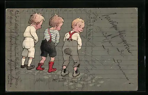 Künstler-AK Drei Knaben pullern in einer Reihe