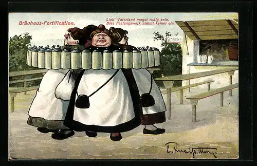 Künstler-AK Bräuhaus-Fortification, Wirtsfrauen mit Bierkrügen