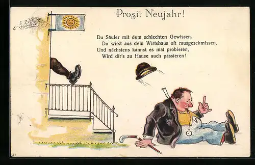 Lithographie Du Säufer mit dem schlechten Gewissen..., Trinker bekommt einen Fusstritt