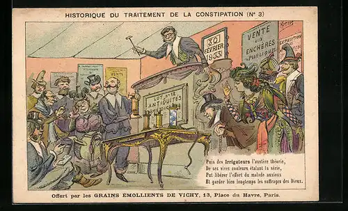 Künstler-AK Historique du Traitement de la Constipation, Grains Emollients de Vichy