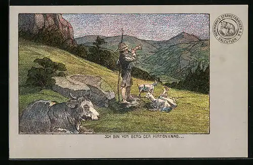 Lithographie Landschaftsidyll mit Ziegenhirt, Reklame Hoffmann`s Stärkefabriken