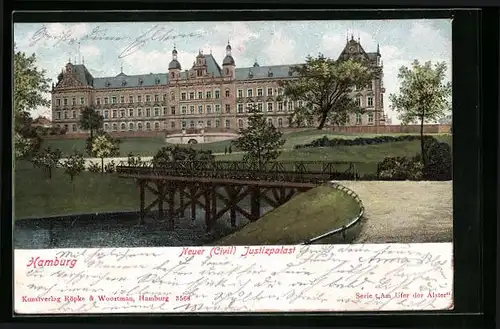 Lithographie Hamburg, Parkanlagen vor dem Neuen Zivil Justizpalast