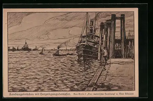 Künstler-AK Hamburg, Landungsbrücke mit Vergnügungsdampfer