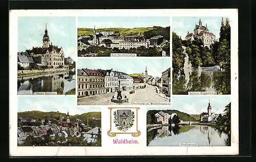 AK Waldheim, Obermarkt m. Wettinbrunnen, Rathaus und Schloss Kriebstein