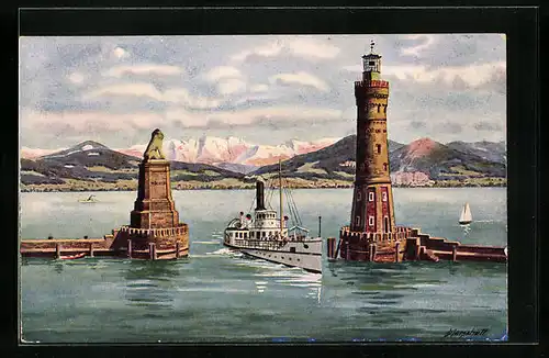 Künstler-AK Lindau, Dampfer an der Hafen-Einfahrt