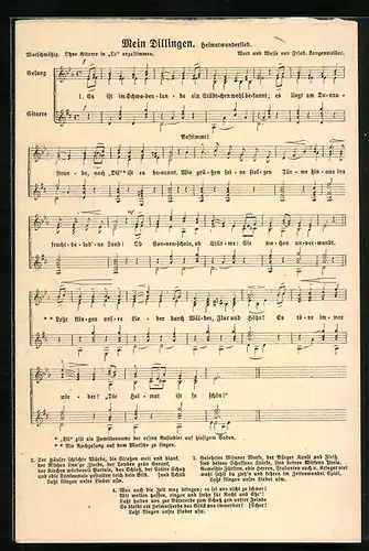 AK Dillingen, Heimatwanderlied Mein Dillingen, Text- und Notenzeilen