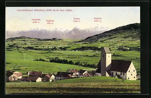 AK Mittelberg, an der Kirche mit Blick zur Hochplatte, Tegelberg, Säuling und Zugspitze