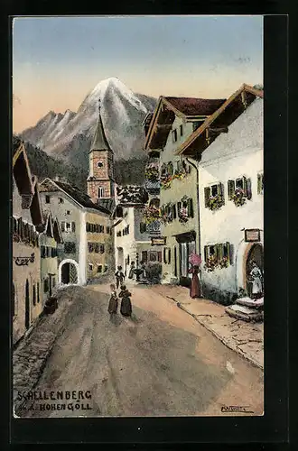 Künstler-AK Schellenberg, Teilansicht mit Hohen Göll