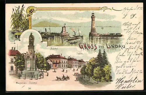 Lithographie Lindau, Einfahrt mit Dampfer und Leuchtturm, Bahnhof mit Postamt und Maximilians-Denkmal