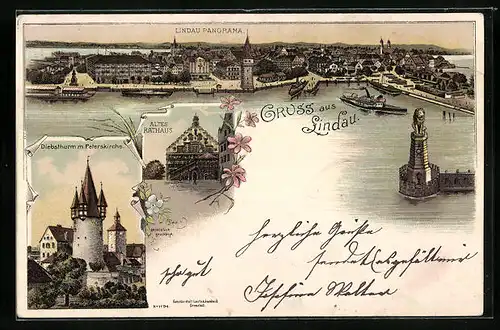 Lithographie Lindau, Panorama, Deibsturm mit Peterskirche, Altes Rathaus