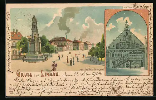 Lithographie Lindau, Maximiliansdenkmal, Rathaus