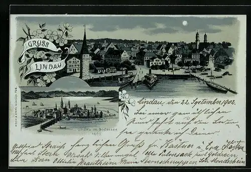 Mondschein-Vorläufer-Lithographie Lindau, Ortsansicht 1600 und 1900