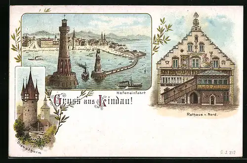 Lithographie Lindau, Rathaus v. Nord, Diebsturm, Hafeneinfahrt mit Leuchtturm und Dampfer