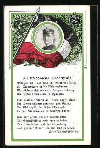 AK Gedicht Zu Weddigens Gedächtnis, Portrait des Kapitänleutnanten des U-Bootes U9 Otto Weddigen