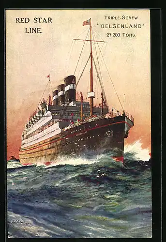 Künstler-AK Passagierschiff Belgenland der Red Star Line in stürmischer See