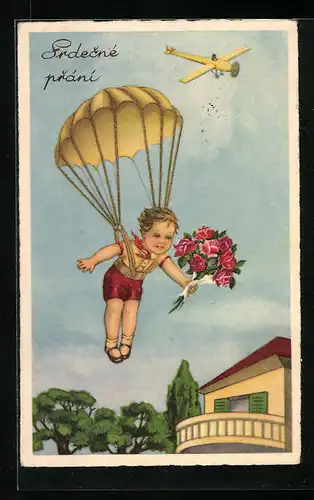 Künstler-AK Fallschirmspringendes Kind mit Rosenstrauss