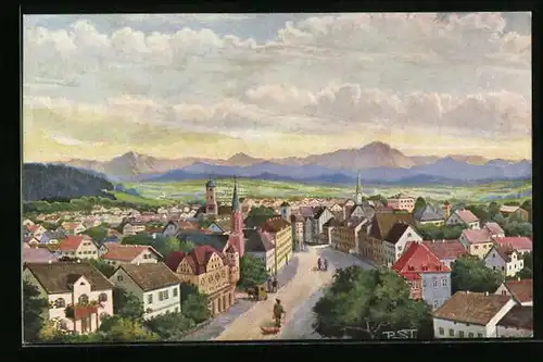 Künstler-AK Weilheim, Panoramablick aus der Vogelschau