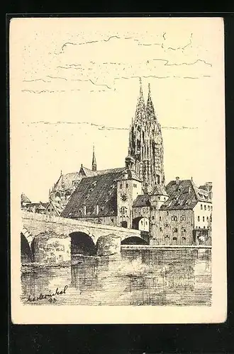 Künstler-AK Regensburg, Blick von der Donau zum Dom