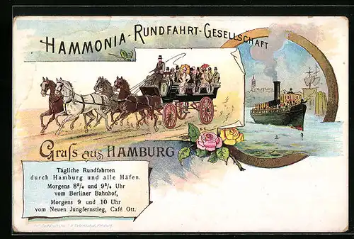 Lithographie Hamburg, Hammonia-Rundfahrt-Gesellschaft, Pferdekutsche